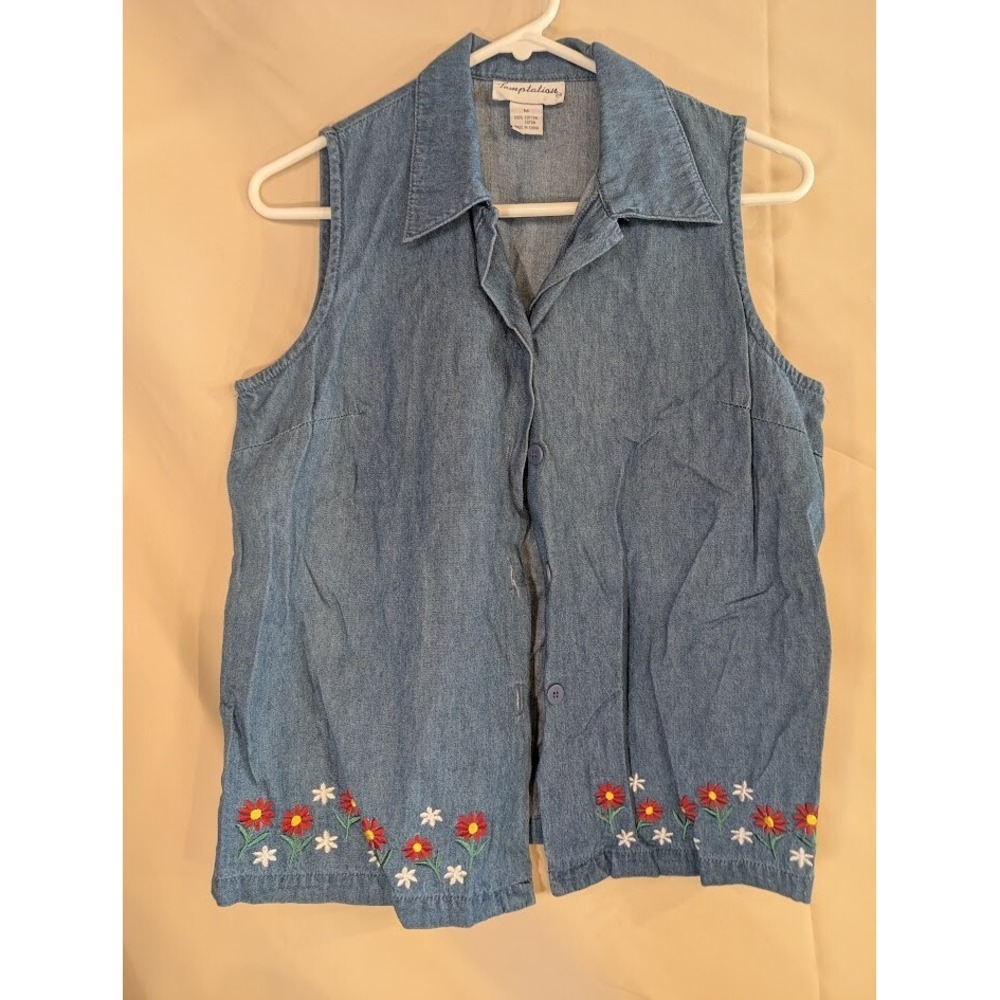 Vintage Temptations Denim Sleeveless Button-Up Shirt Floralβ Embroidery M